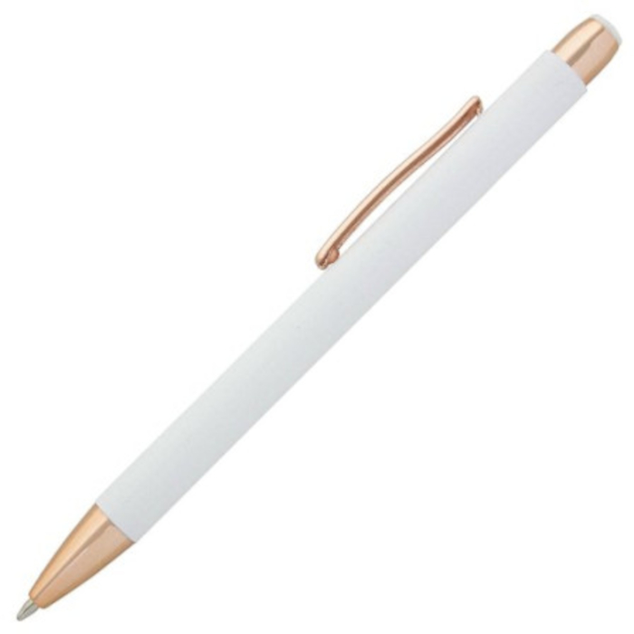 Bolígrafo metálico GLORIA con superficie suave al tacto, elementos y logotipo en color oro rosa y blanco