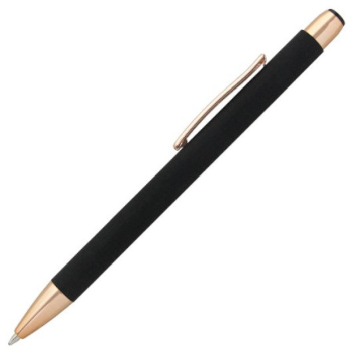 Bolígrafo metálico GLORIA con superficie suave al tacto, elementos y logotipo en color oro rosa, color negro