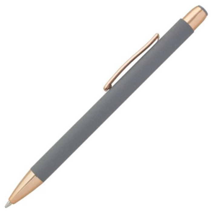 Bolígrafo metálico GLORIA con superficie suave al tacto, elementos y logotipo en color oro rosa y gris