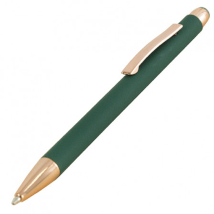Bolígrafo metálico GLORIA con superficie suave al tacto, elementos y logotipo en color oro rosa y verde