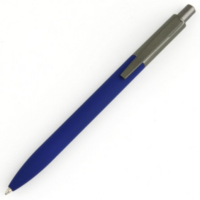 Bolígrafo LORA metálico de tacto suave y logo espejo, color azul